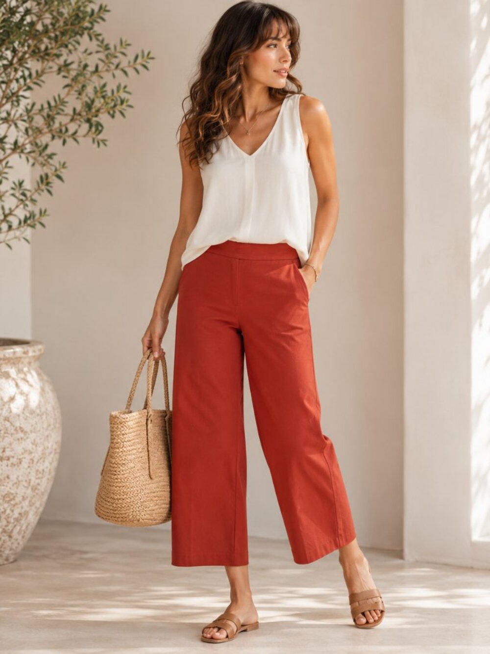 Ann Taylor Brick Red Wide Leg Crop Pants Size 6 Terracotta Stretch Cotton - Picture 1 of 7